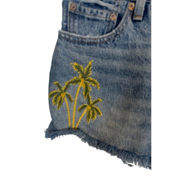 Levis 501 Size 28 Blue Denim Shorts With Yellow Embroidered Palm Trees - Picture 5 of 12